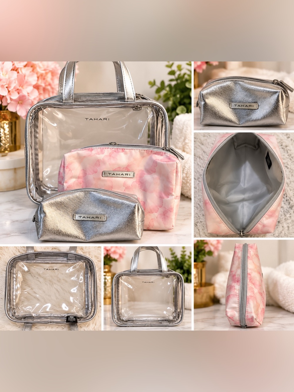 Tahari 3 Piece Cosmetic Makeup Bag Travel Organizer Set Pink Floral Silver Clear